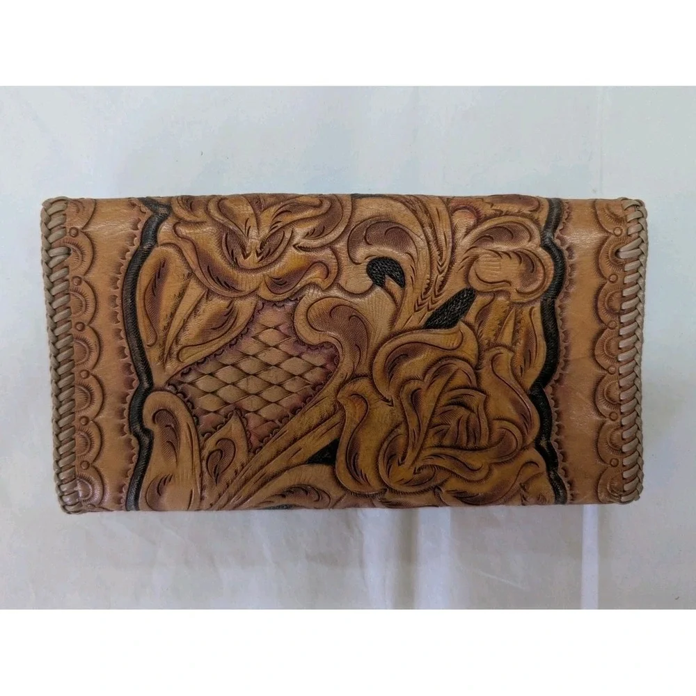 Brown Vintage Trifold Leather Wallet Billfold Tooled Whipstitch Metal‎ Clasp